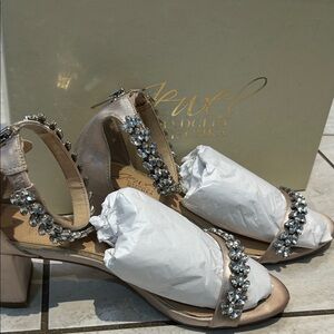 Badgley Mischka Champagne Jeweled Ankle Strap Block Heels